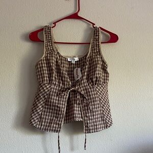 Gingham Tie-Front Tank Top in Brown